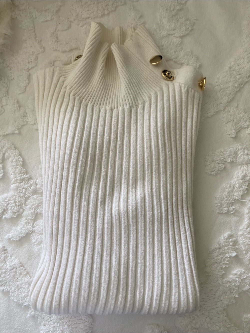 INC International Concepts Ribbed Mock Neck Sweater with Gold Buttons - White